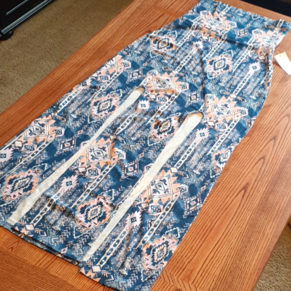 Blue Aztec Maxi Skirt | double slit | very soft